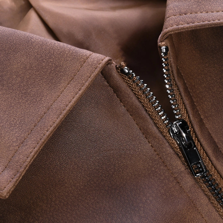 Close-up of a men's stylish long-sleeve biker jacket, highlighting the quality zip-up closure and modern fit design.