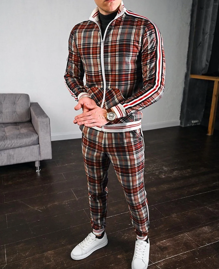 Full shot of men's check pattern training set, a complete jogger and top outfit for spring and autumn active fashion.