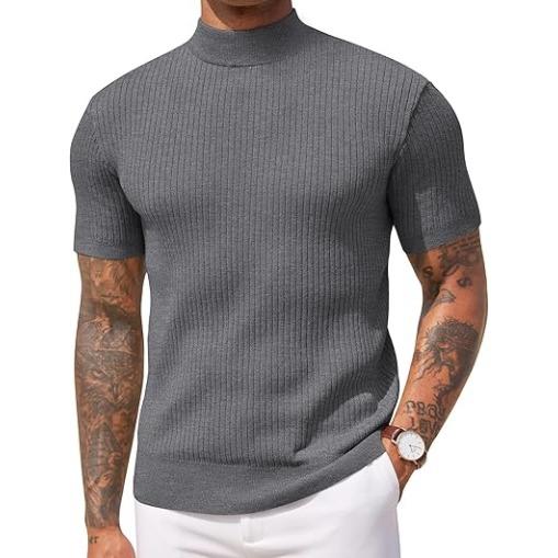 Men's stylish ribbed knit short sleeve mock neck top in cotton blend, perfect for casual summer wear.