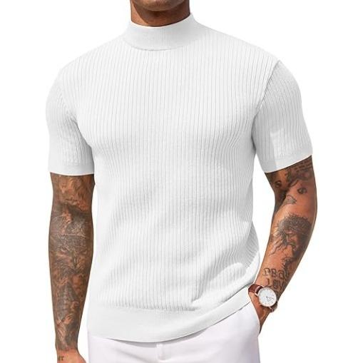 Short sleeve men's mock neck top made from a comfortable ribbed knit fabric, ideal for spring/summer.