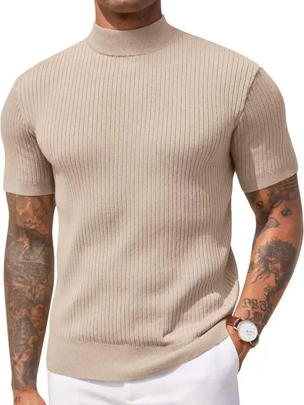 Casual men's ribbed knit shirt with a mock neck, offering a stylish and comfortable fit for daily wear.