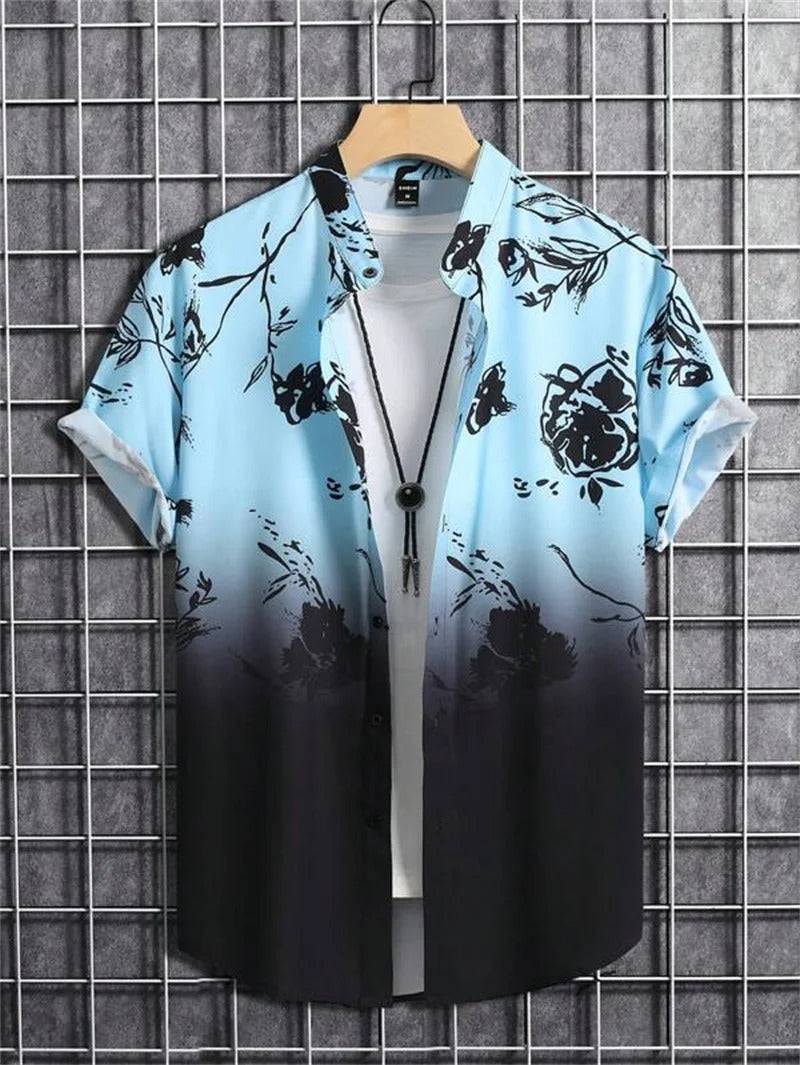 Trendy short-sleeve men's button-down shirt with a unique summer print.