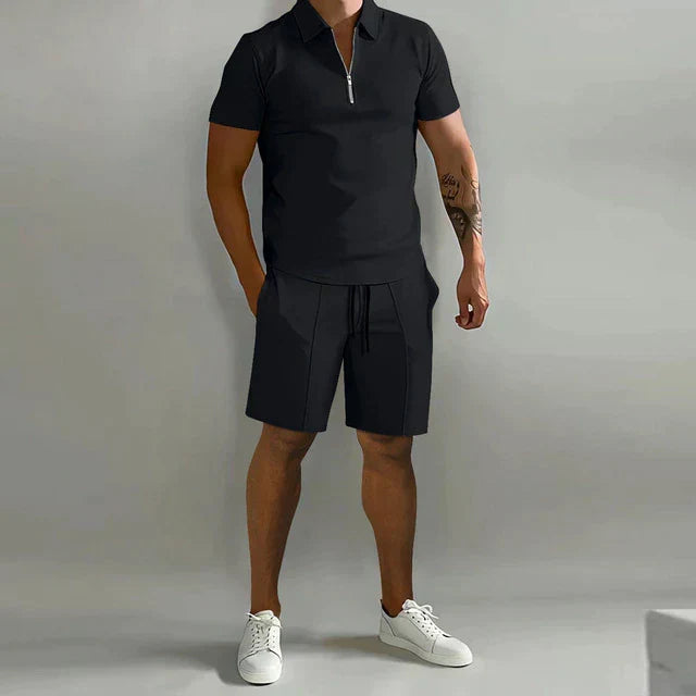 Men's stylish smart casual summer two-piece polo and shorts set. Comfortable and modern.