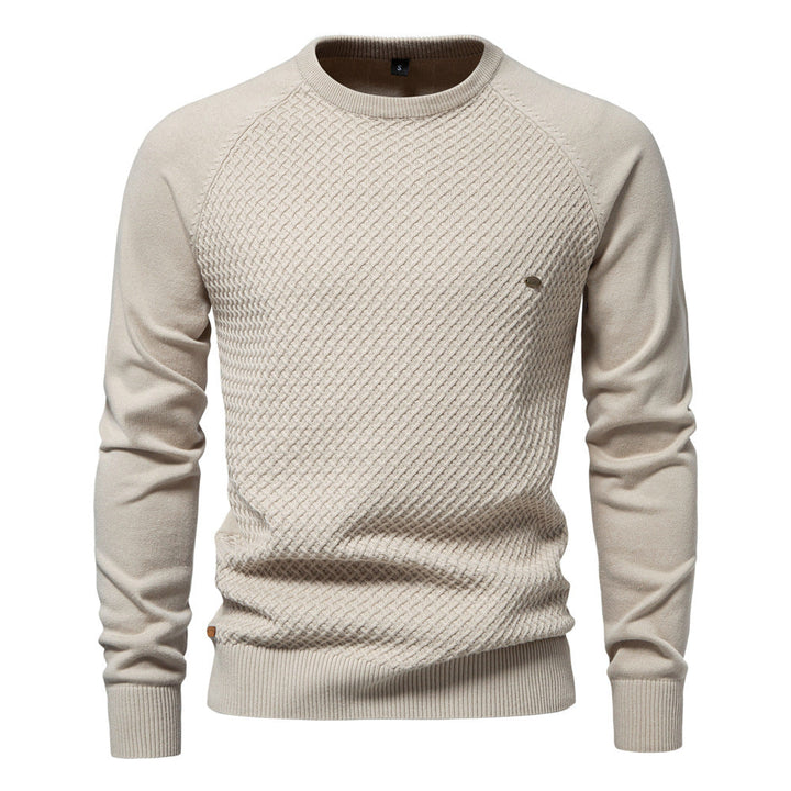 Men's stylish waffle knit cream crewneck sweater, comfortable cotton blend pullover, casual long sleeve top