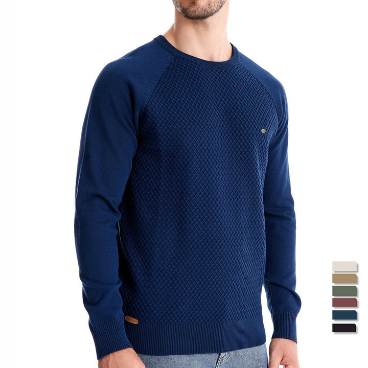 Comfortable men's crewneck sweater, made from a soft cotton blend with a distinct waffle knit pattern
