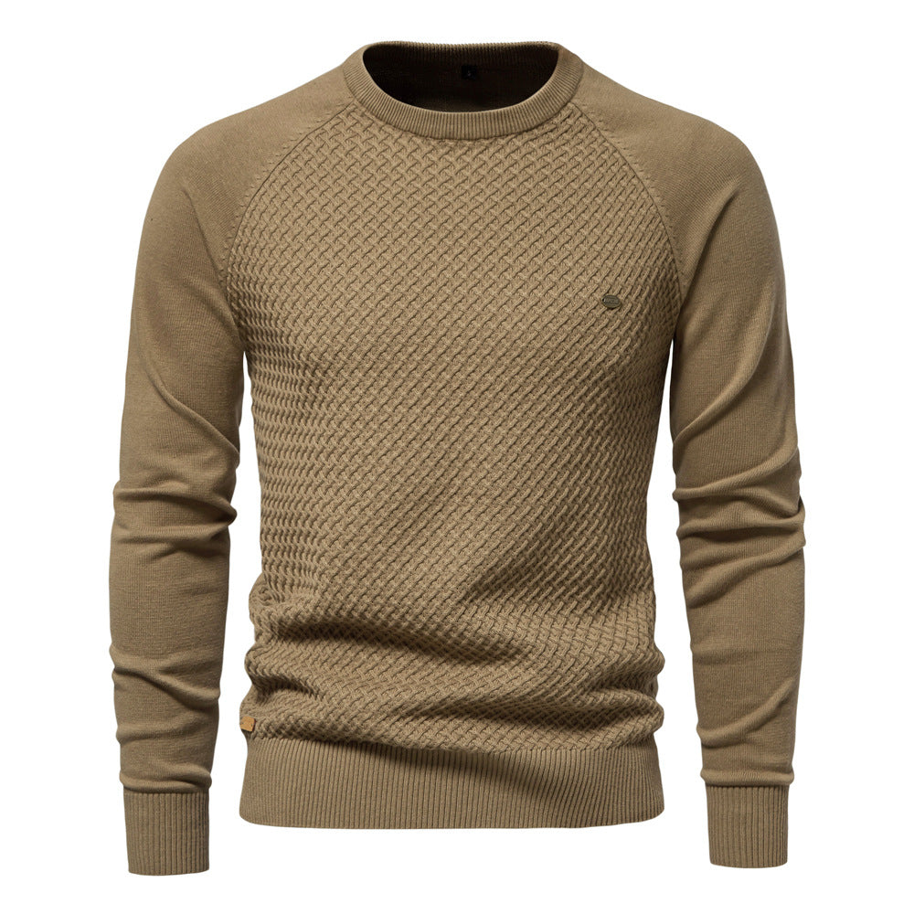 Texture highlight of the soft cotton blend and intricate waffle knit pattern on men's sweater