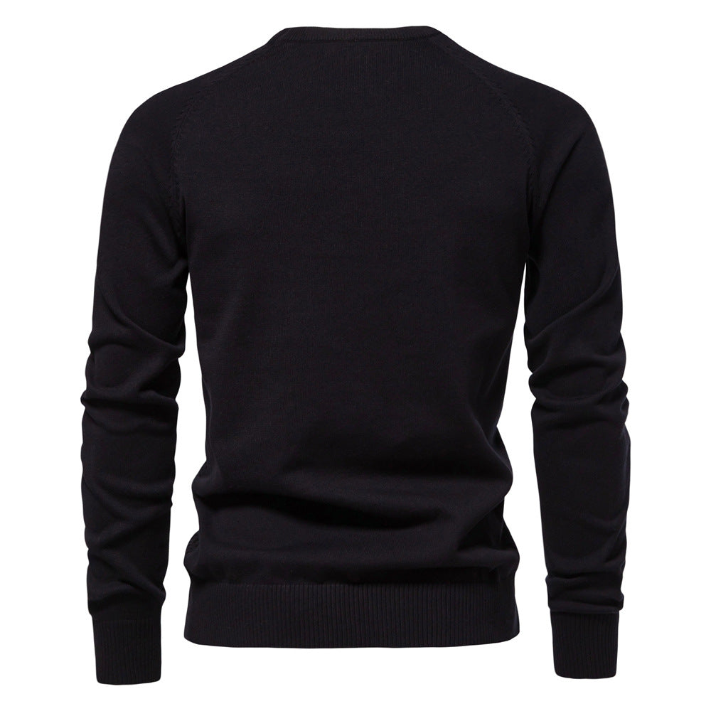 Back view of men's comfortable waffle knit crewneck sweater, showcasing its relaxed fit and design