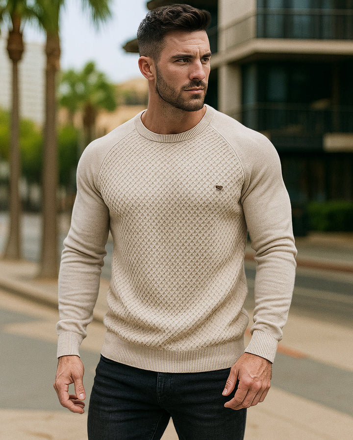 Stylish men's pullover sweater with waffle knit design, crewneck collar for a classic look