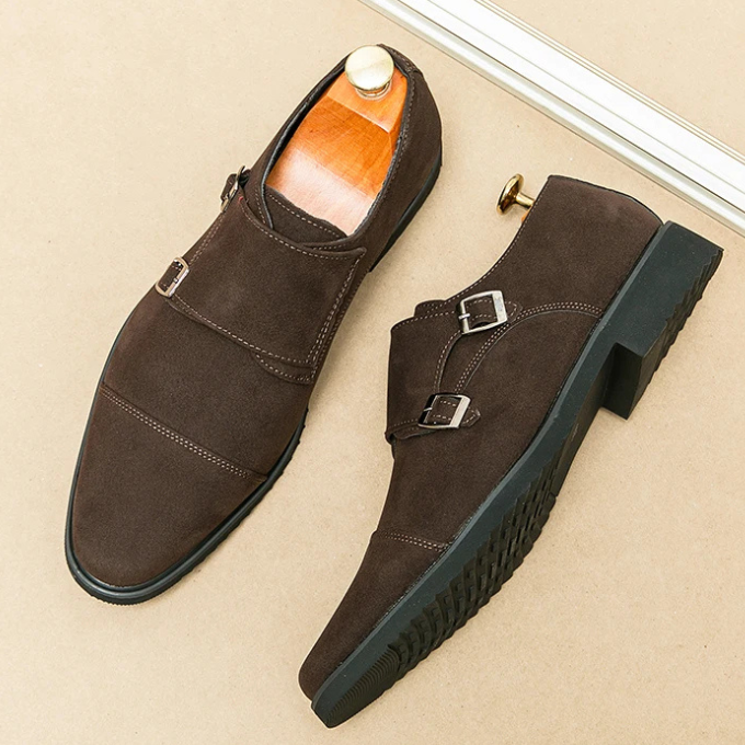 Side profile of a sophisticated men's tan suede double monk strap shoe, ideal for business.
