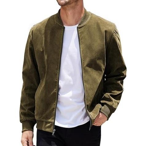 Men's suede-look bomber jacket in a stylish, casual cut, perfect for spring fashion.
