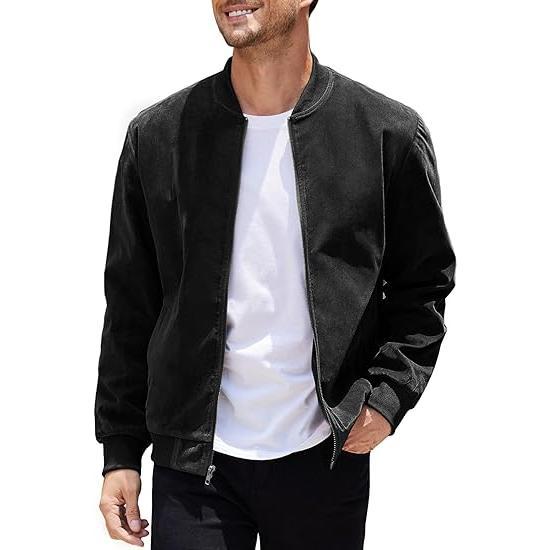 Faux suede men's bomber jacket with ribbed cuffs and hem, a versatile outerwear choice.