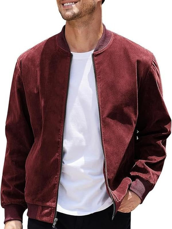 Close-up of the textured faux suede on a men's bomber jacket, ideal for fall style.