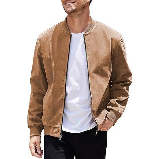 Casual men's jacket: a faux suede bomber in a rich, dark color, great for everyday wear.