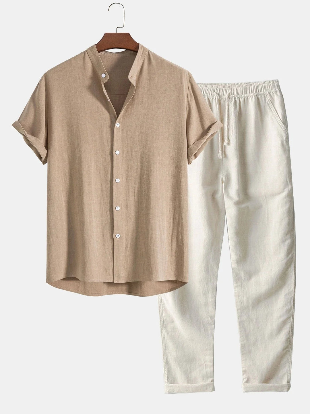 Comfortable men's summer outfit: two-piece set with rolled cuffs shirt & casual pants. Relaxed beach style.