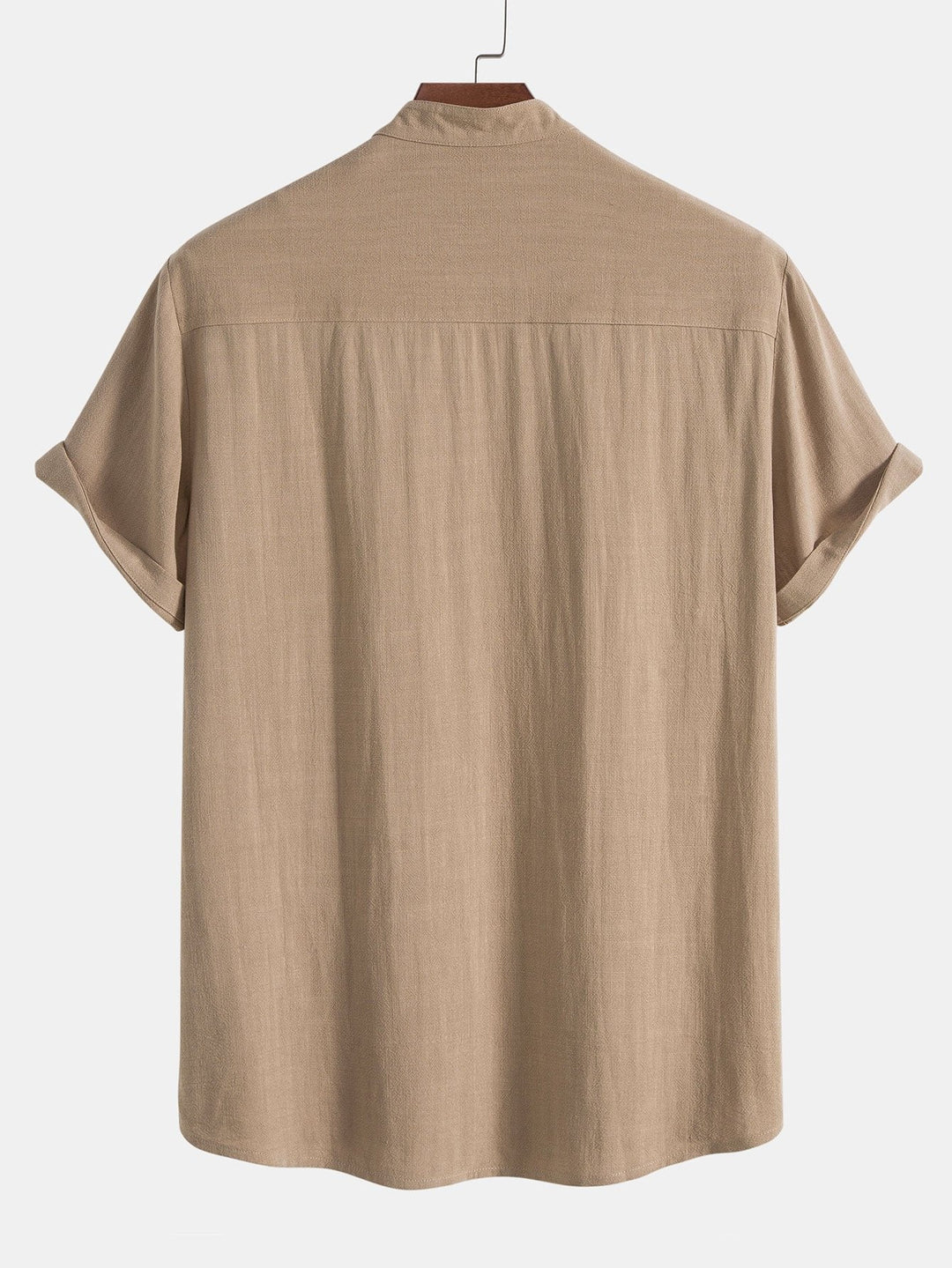 Comfortable men's casual wear set. Summer outfit with stand collar, button-up shirt & relaxed fit pants.