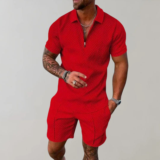 Relaxed fit men's summer two-piece set, short sleeve top & matching shorts, ideal breathable loungewear.