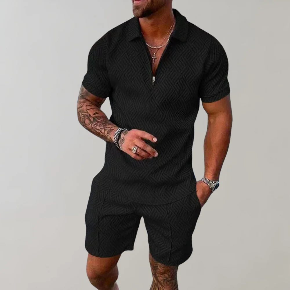 Men's comfortable two-piece summer set, relaxed fit shirt & shorts, breathable for casual wear.