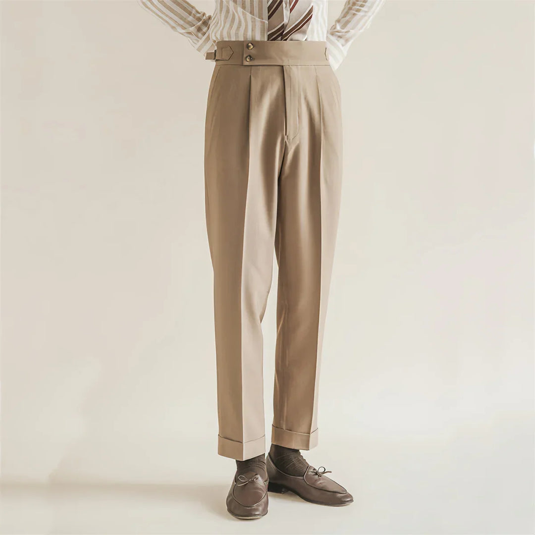 Men's tailored black cotton blend business trousers with an elastic waist, ideal for office wear.