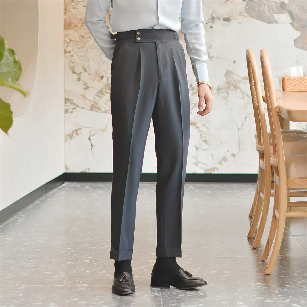 Front view of men's classic black tailored business trousers, suitable for formal and office wear.