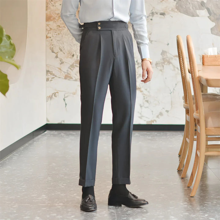 Front view of men's classic black tailored business trousers, suitable for formal and office wear.