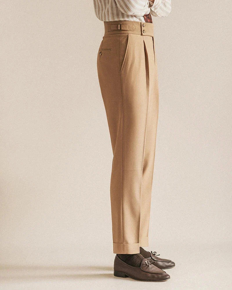 Men's tailored brown business trousers with an elastic waist, offering comfort for officewear.