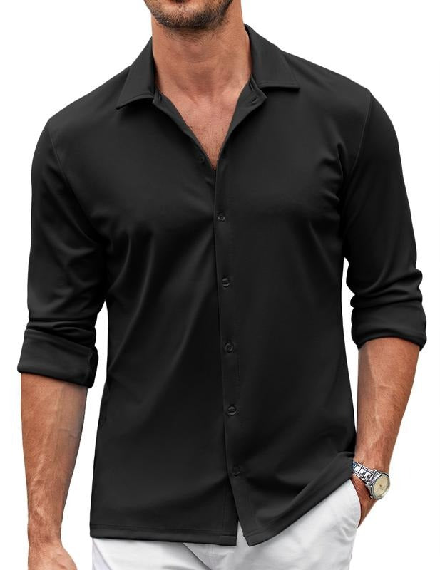 Stylish men's long sleeve button-down dress shirt with stretch fabric, a versatile polo