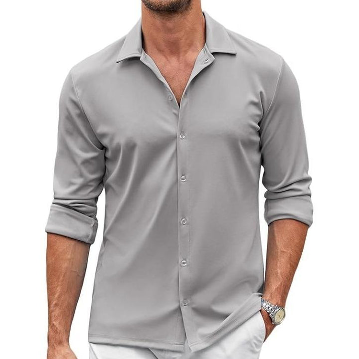 Men's casual yet formal stretch button-down shirt, offering a tailored fit and comfort