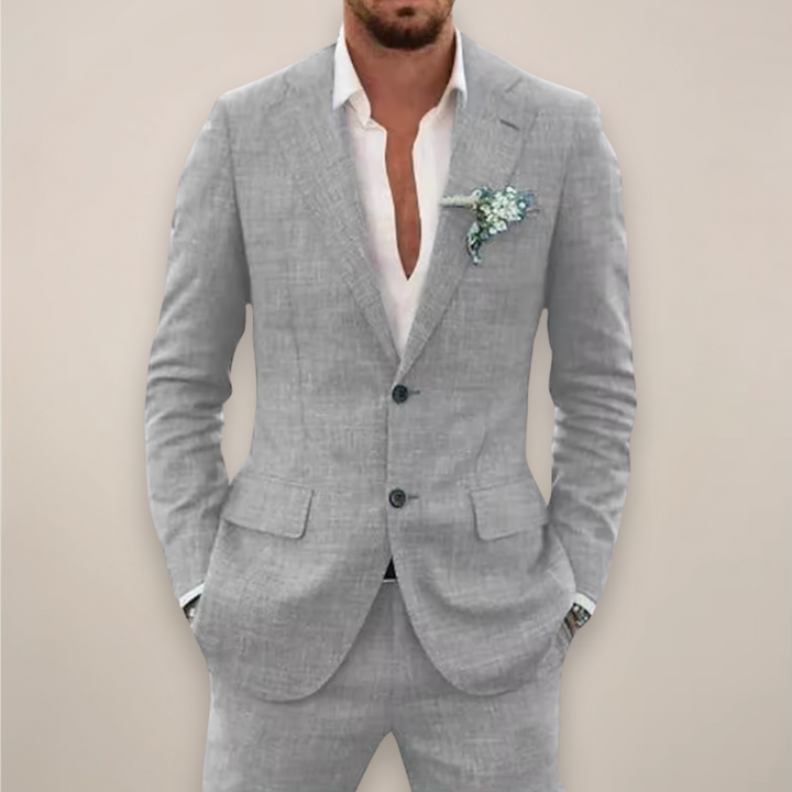 Lightweight men's tailored two-piece suit, ideal for comfortable spring & summer elegant menswear.