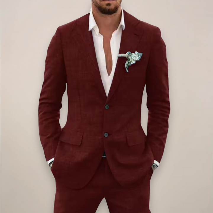 Modern men's two-piece suit. Tailored for a sleek look, suitable for spring formal wear & summer style.
