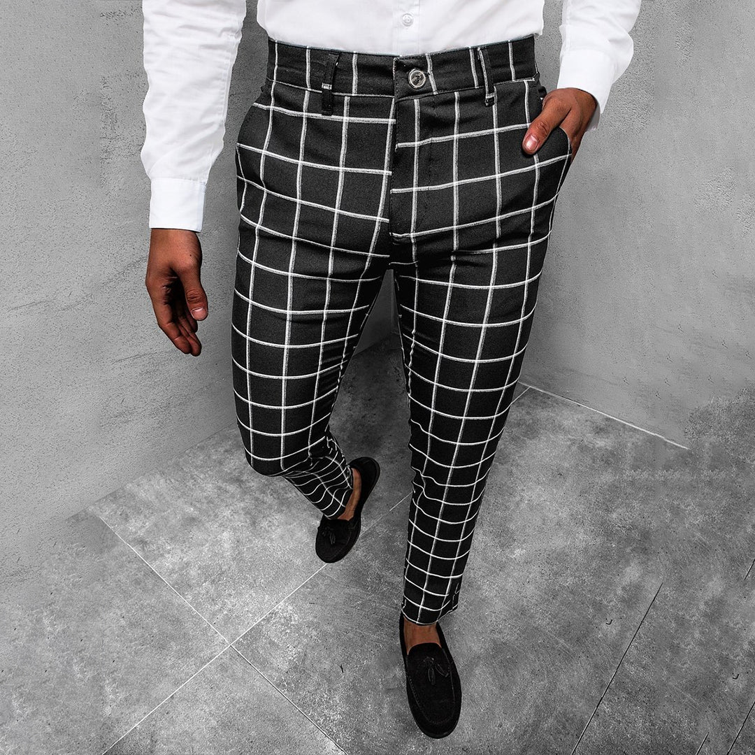 Men's tapered grid pattern trousers, black, front view, perfect for business casual.
