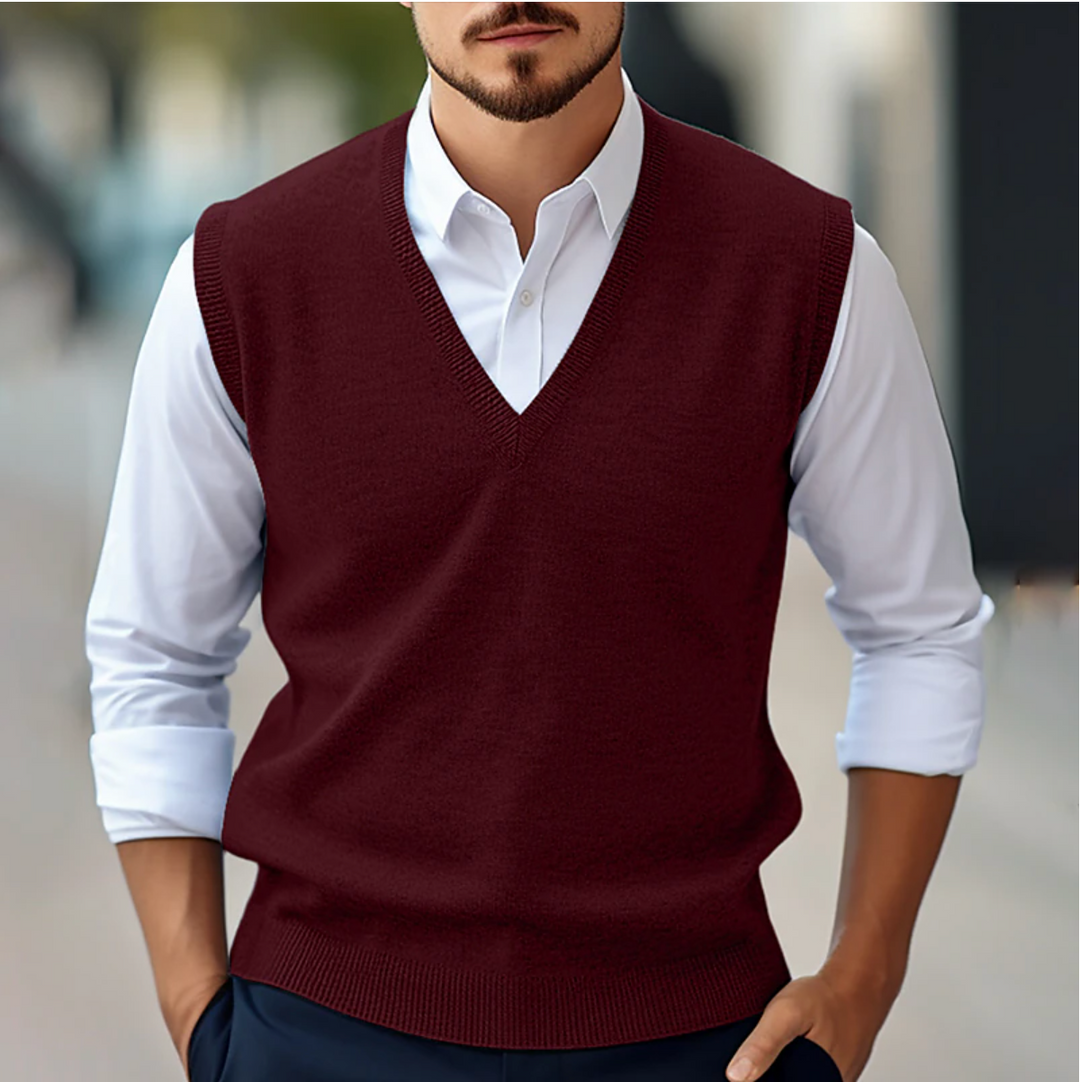 Effortless men's Teo sleeveless V-neck vest, ideal for smart casual or semi-formal business menswear layering.