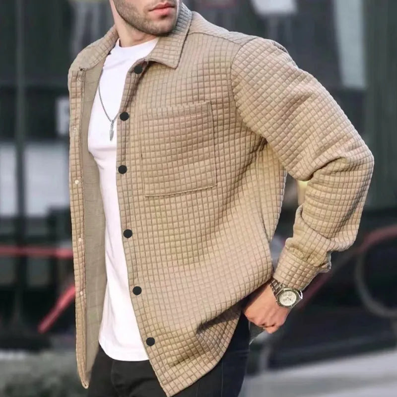 Full view of a men's long-sleeve textured button-down jacket, perfect for smart casual styling.