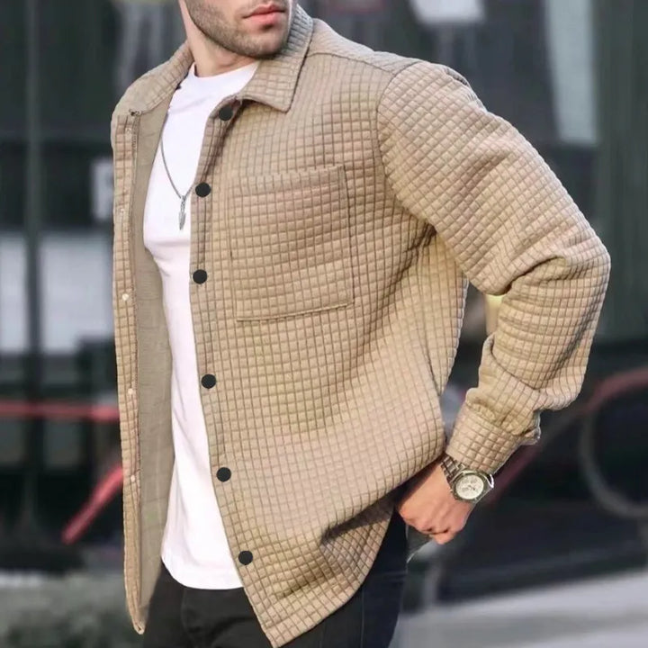 Full view of a men's long-sleeve textured button-down jacket, perfect for smart casual styling.