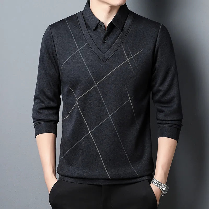 Close-up of a men's collared knit sweater, highlighting the intricate textured fabric.