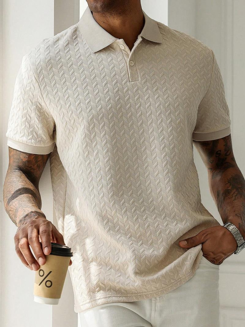 Casual men's polo shirt, textured knit, geometric pattern, made from soft cotton blend, short sleeve
