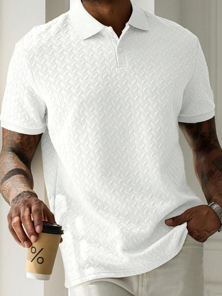 Stylish men's summer top, textured knit polo shirt with a unique geometric pattern, comfortable cotton blend