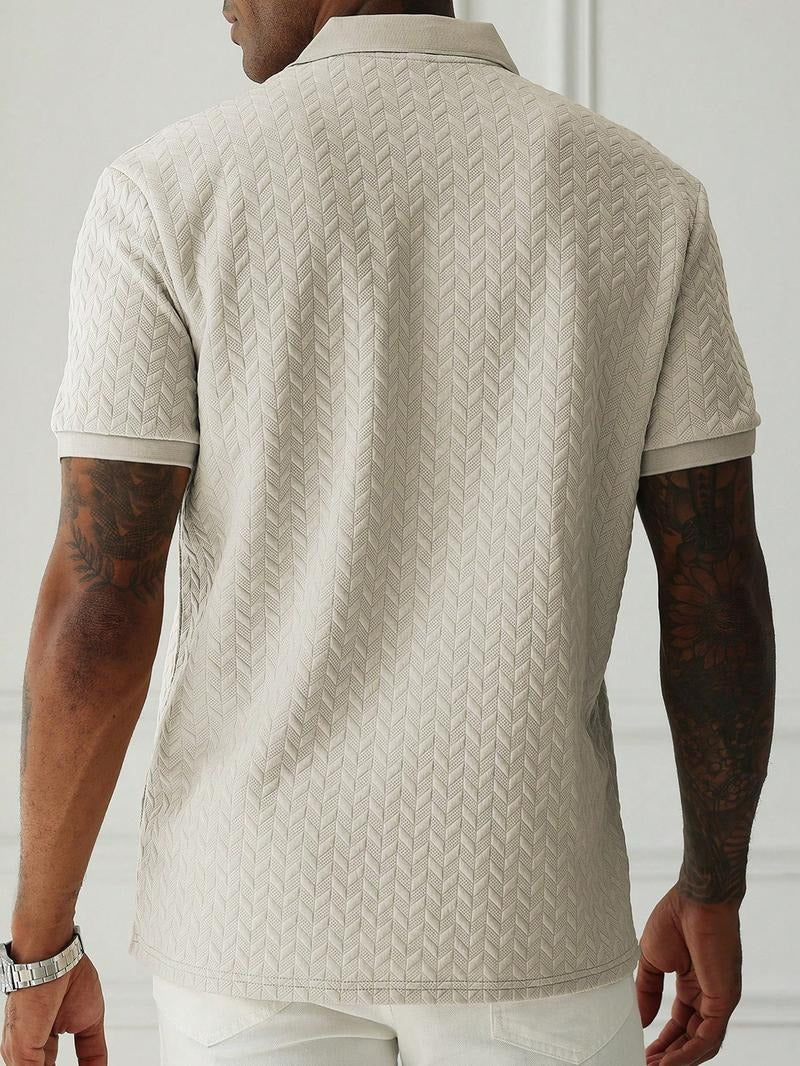 Men's fashion: Textured knit polo shirt with geometric pattern, cotton blend, perfect casual summer top