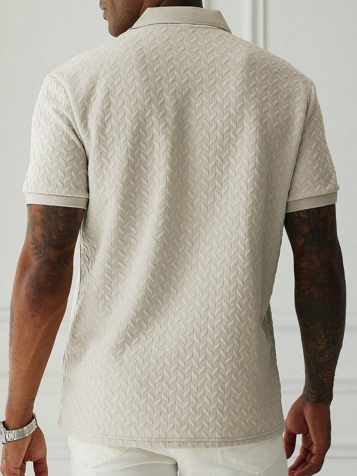 Men's fashion: Textured knit polo shirt with geometric pattern, cotton blend, perfect casual summer top
