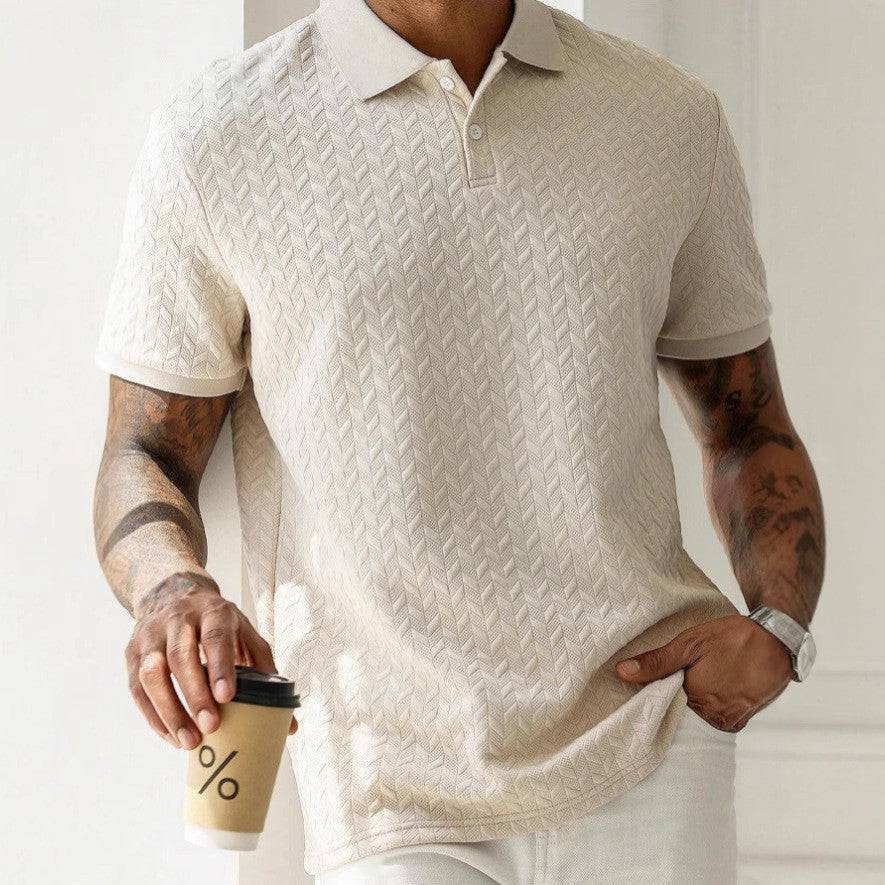 Refined men's textured short sleeve polo. Breathable & tailored for versatile summer style.