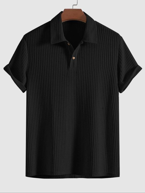 Close-up of a men's waffle knit polo shirt showing textured fabric detail, perfect for smart casual style
