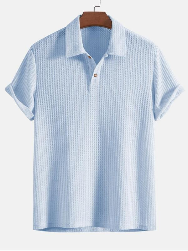 Stylish men's short sleeve polo shirt in a waffle knit texture, a versatile cotton blend top