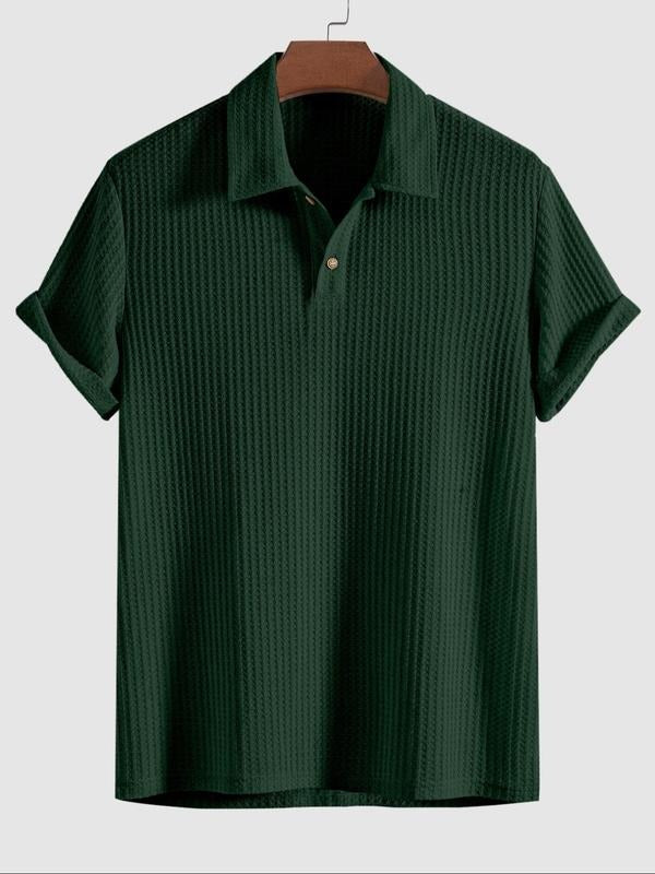 Front view of a men's casual textured waffle knit polo shirt, comfortable and fashionable men's fashion