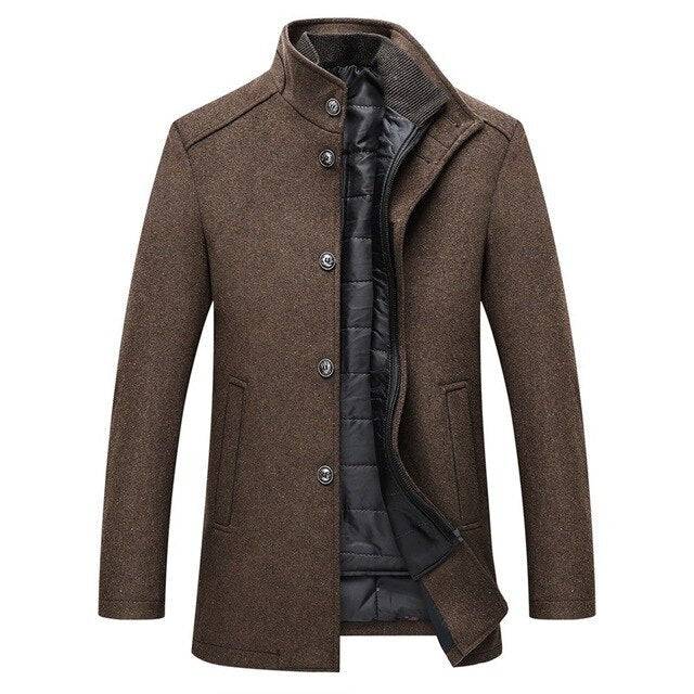 Men's thick wool single-breasted coat in a dark color, front view. Ideal winter jacket & outerwear.