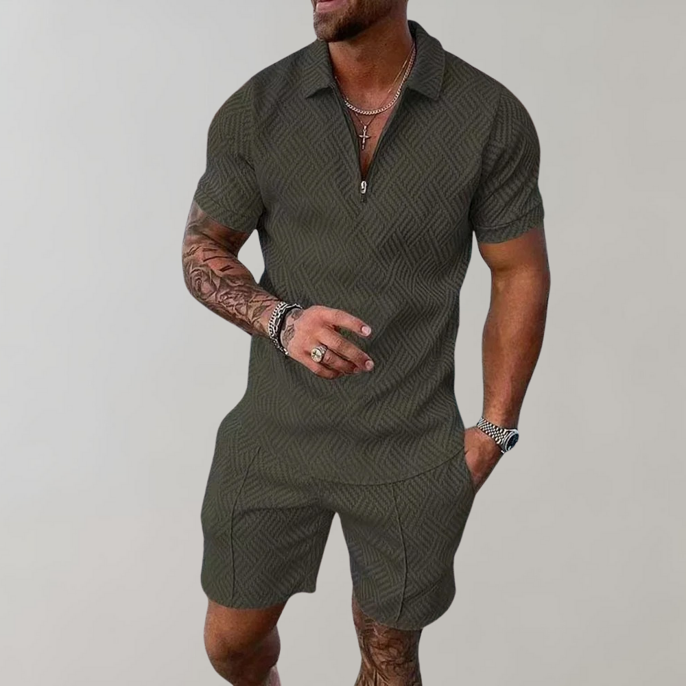 Men's two-piece summer set with matching polo shirt and shorts. Ideal for casual wear.