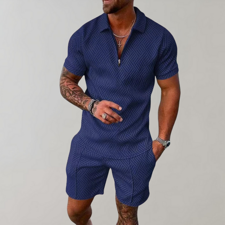 Stylish men's geometric print polo & shorts set. Perfect lightweight summer vacation outfit.