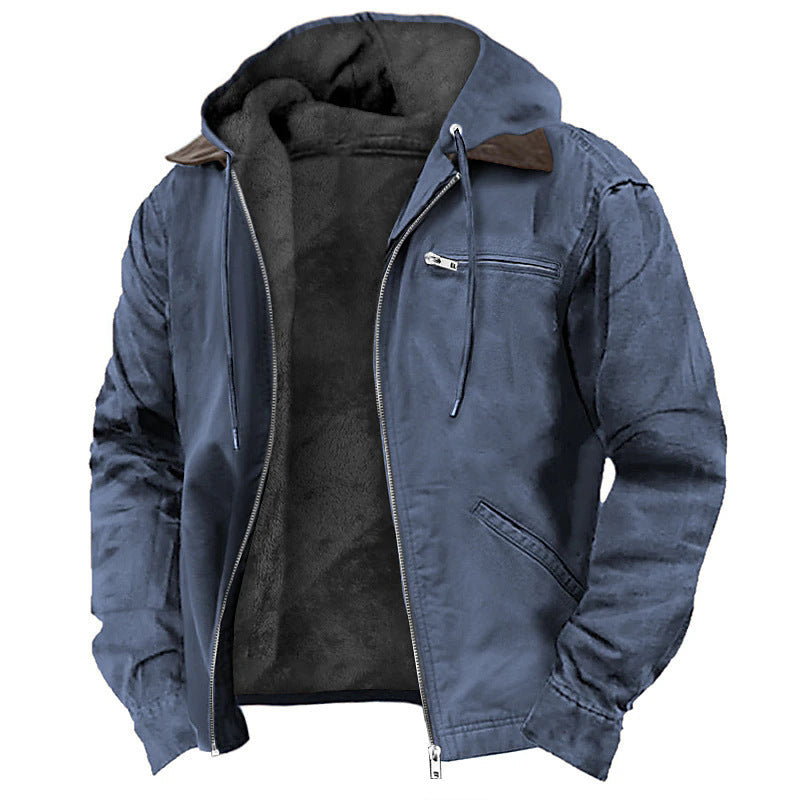 Close-up of the fleece texture on a men's hooded Urban Explorer jacket, perfect for streetwear.
