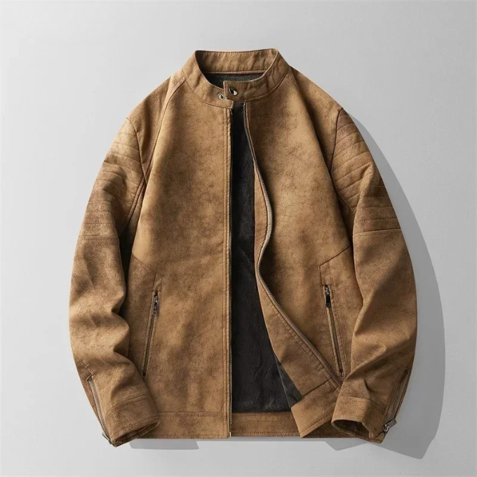 Stylish men's fall jacket, a faux suede bomber with moto detailing for a modern look.