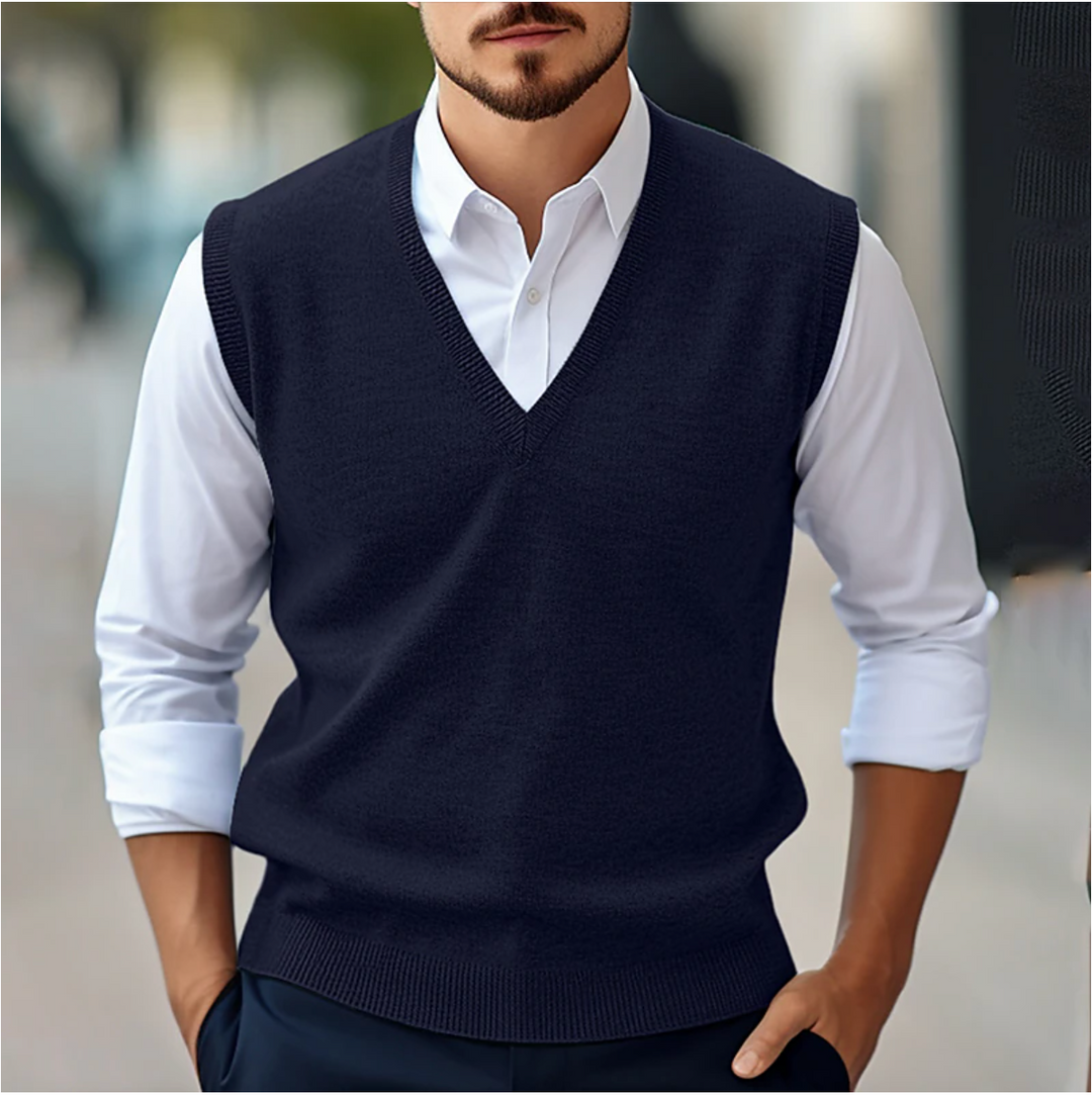 Stylish men's V-neck sweater vest, a versatile layering piece for professional & casual looks.