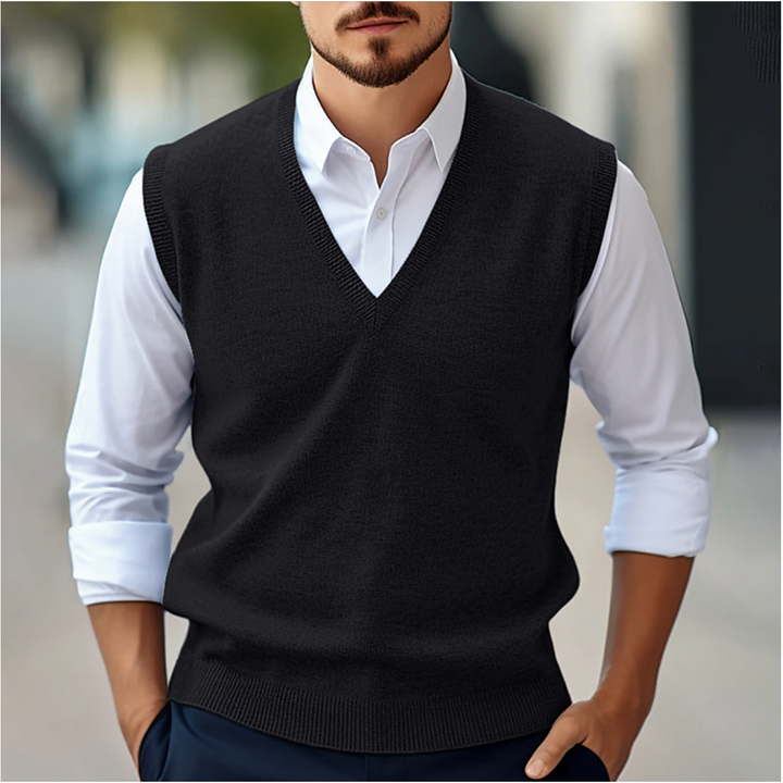 Front view of a men's V-neck sweater vest, showcasing elegant design for office & professional wear.