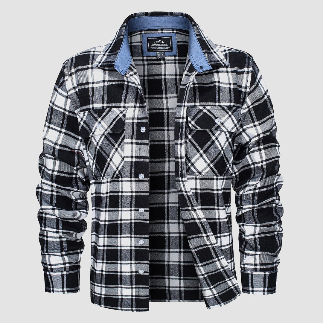 Flat lay of a Men's Verona Plaid Flannel Shirt, indigo and white plaid, showcasing its relaxed fit.